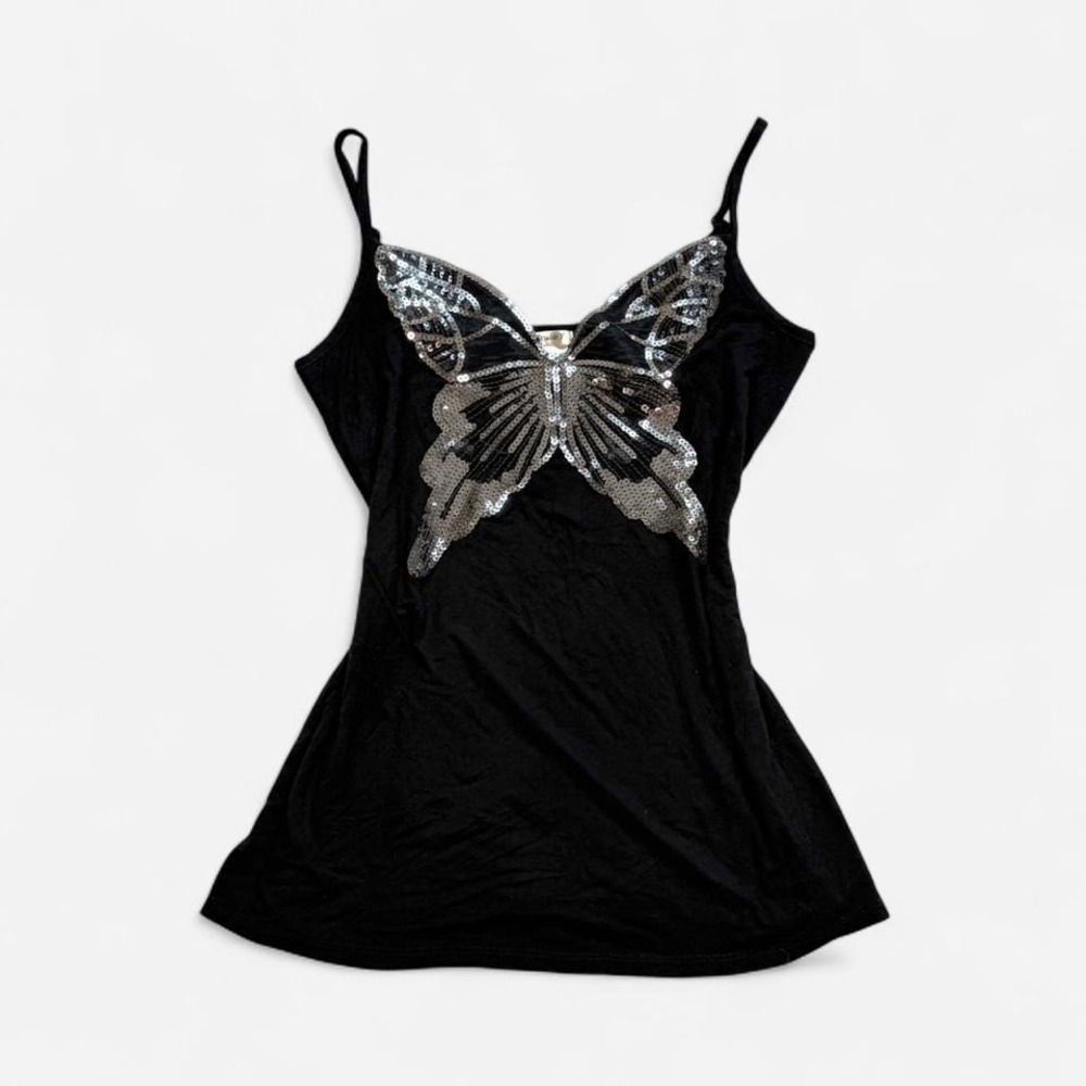 Vintage y2k Studio Y glitter sequin butterfly fairy black tank top - Picture 1 of 5